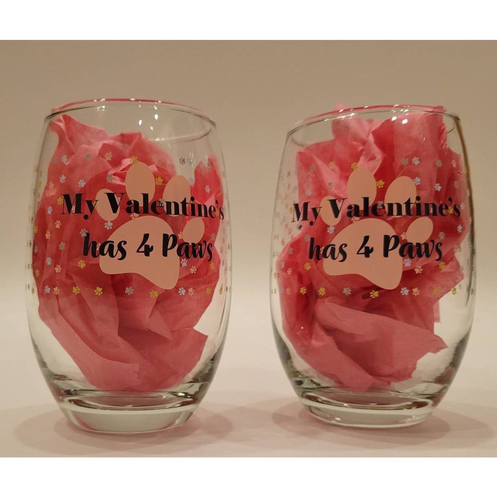 Valentine Wine Glasses Set of 2 "My Valentine's has 4 Paws" 15.5 oz